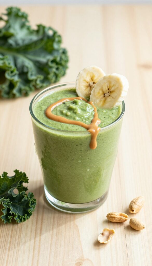 Creamy banana peanut butter kale smoothie in a glass with peanut butter drizzle and banana slices on a wooden table with fresh kale leaves.