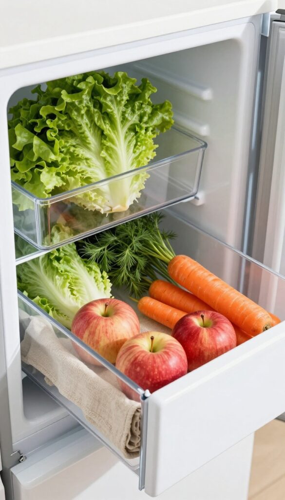 Organized refrigerator crisper drawer with clear plastic dividers separating lettuce, apples, carrots, and herbs, lined with a beige towel.