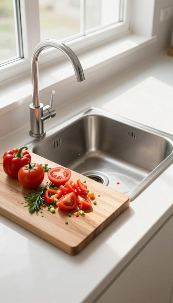 Over-the-sink cutting board with chopped vegetables in a bright kitchen