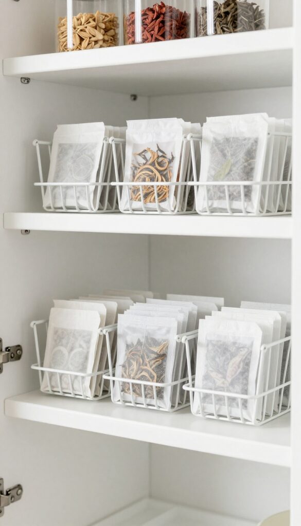 Under-shelf baskets attached to a wire pantry shelf, holding tea bags and spice packets in an organized, modern pantry.