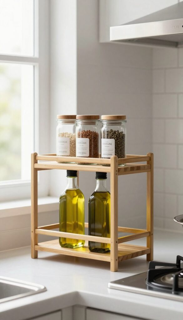 Tiered shelf on kitchen counter with spices and oils