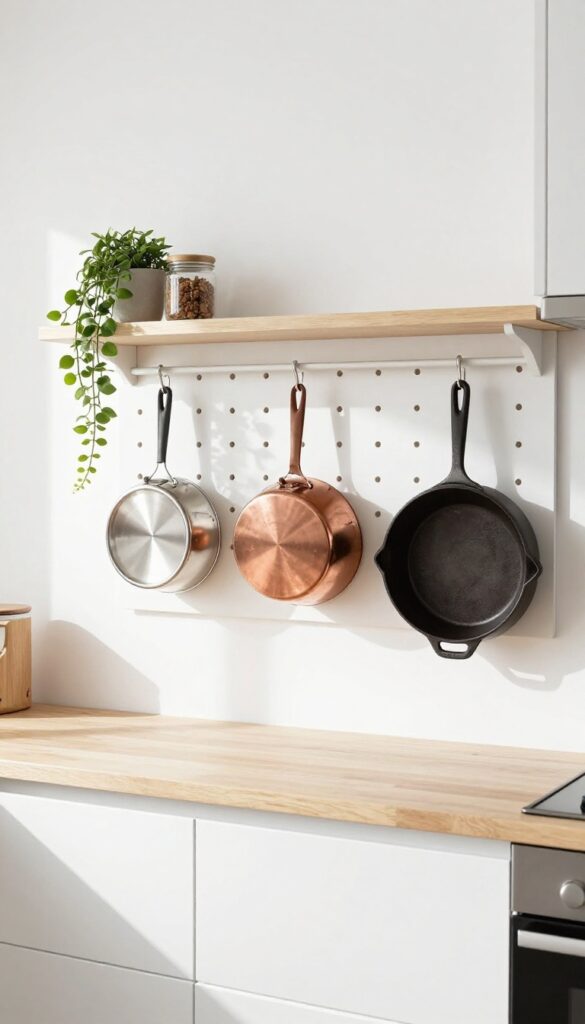 Pegboard wall with hanging pots and pans in a bright, organized kitchen