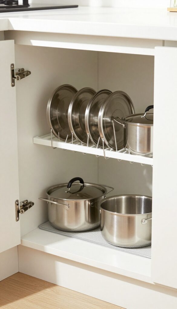 Organized kitchen cabinet with vertical lid organizer holding pot lids upright and nested pots below
