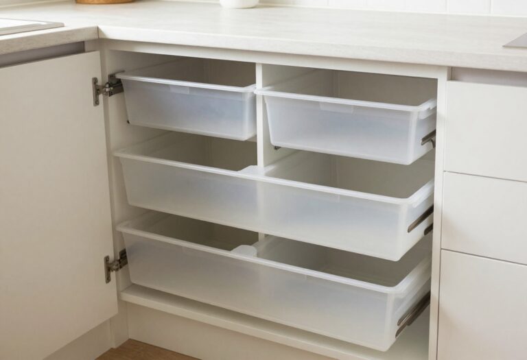 Organized kitchen under sink cabinet with pull-out drawers and clear bins