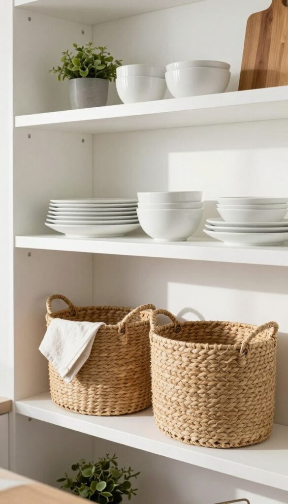 Open kitchen shelves with woven baskets on lower shelf and stacked white plates on upper shelf, natural light, clean composition.