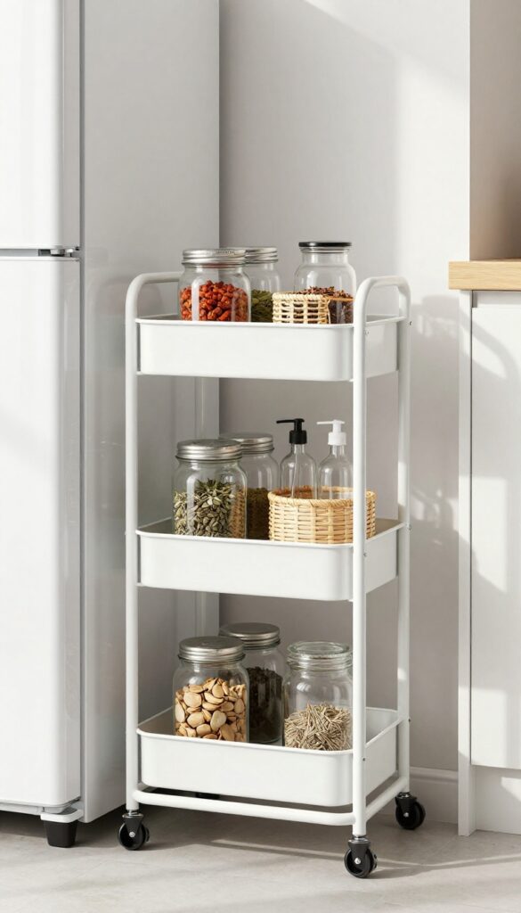 Slim rolling cart in narrow gap beside refrigerator, holding spices and glass bottles.