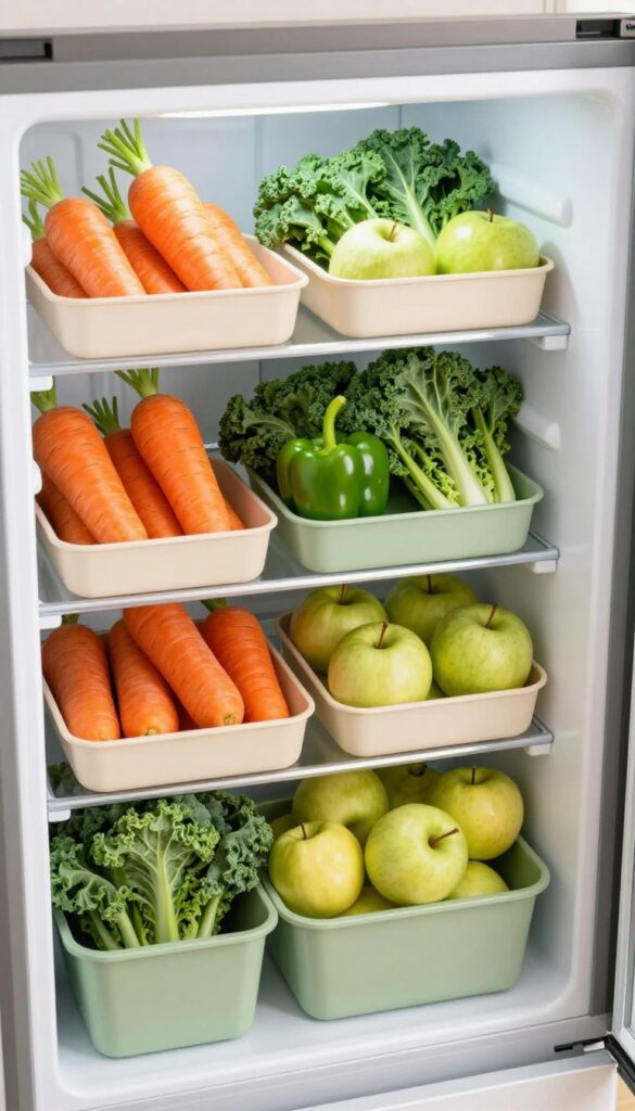 Organized refrigerator crisper drawers with produce in bins
