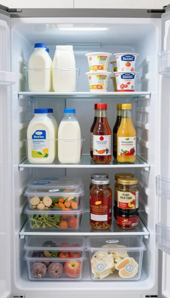 Clear plastic bins organizing dairy, condiments, and leftovers in a refrigerator