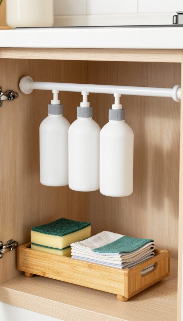Under-sink cabinet with tension rod holding spray bottles upside down and a bamboo caddy for sponges.