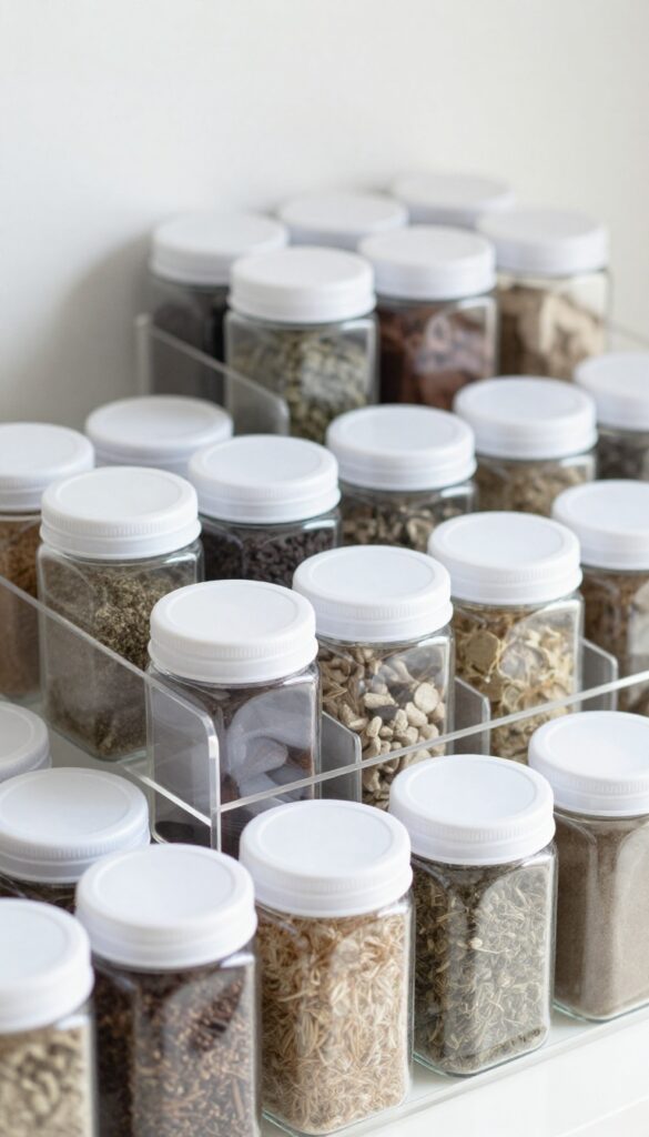 Clear acrylic risers on a pantry shelf lifting back row spice jars for full label visibility, natural light, clean composition.