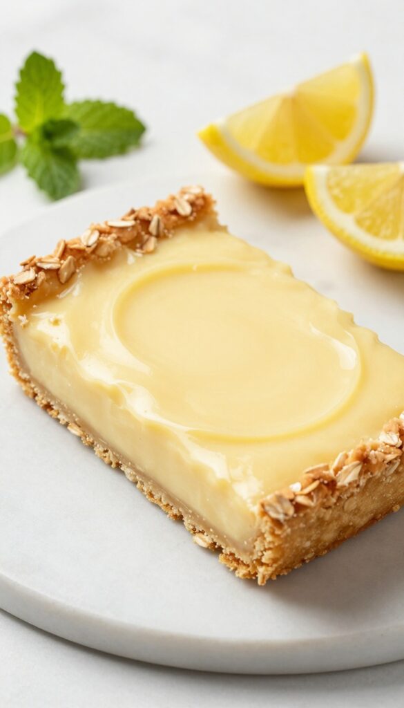 Vegan gluten-free lemon bars with cashew cream on a marble surface, garnished with lemon slices and mint.