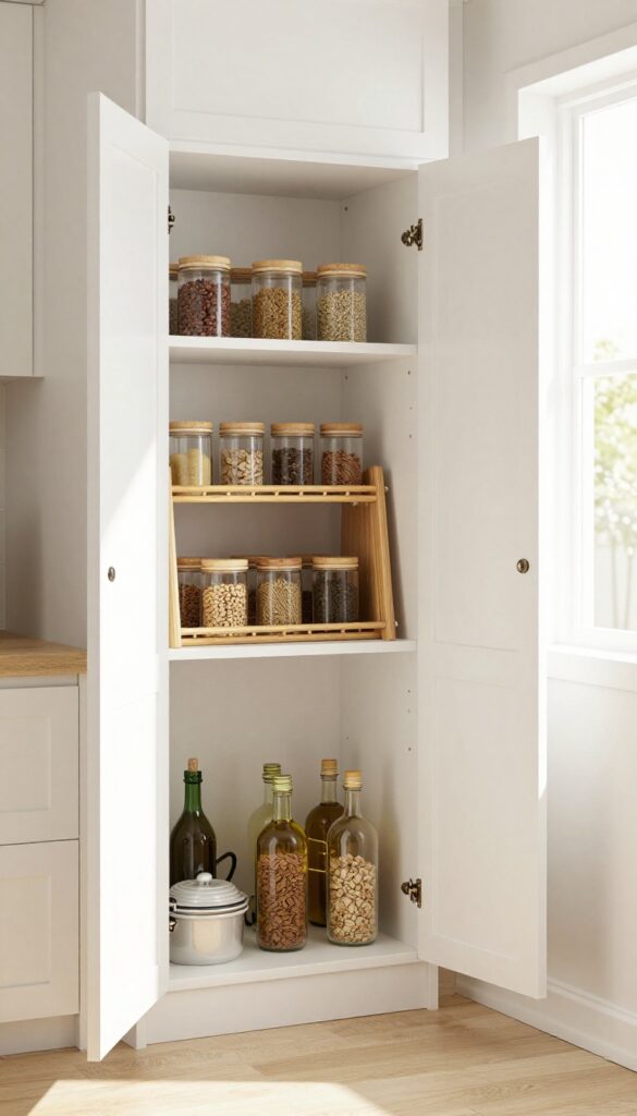 Corner cabinet with bamboo lazy Susan organizing spice jars and oils in a bright kitchen.