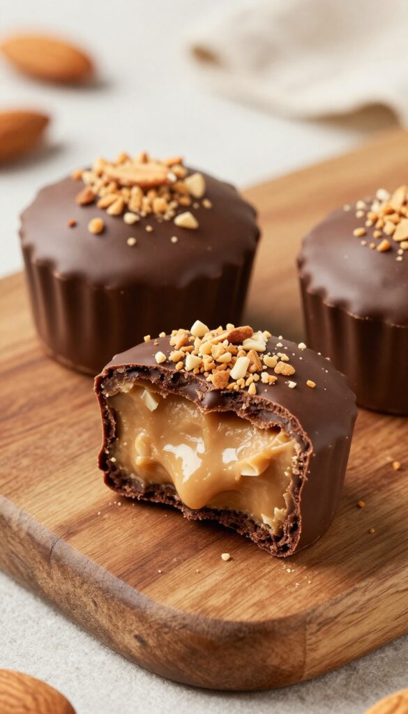Keto chocolate peanut butter cups with crushed almonds on a wooden board