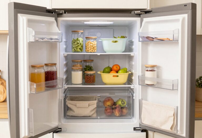 Open Samsung refrigerator with organized food storage using color-coded bins, glass jars, and fabric baskets in a cozy kitchen.