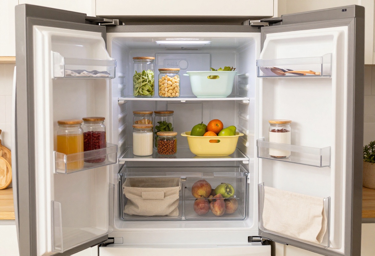 Open Samsung refrigerator with organized food storage using color-coded bins, glass jars, and fabric baskets in a cozy kitchen.