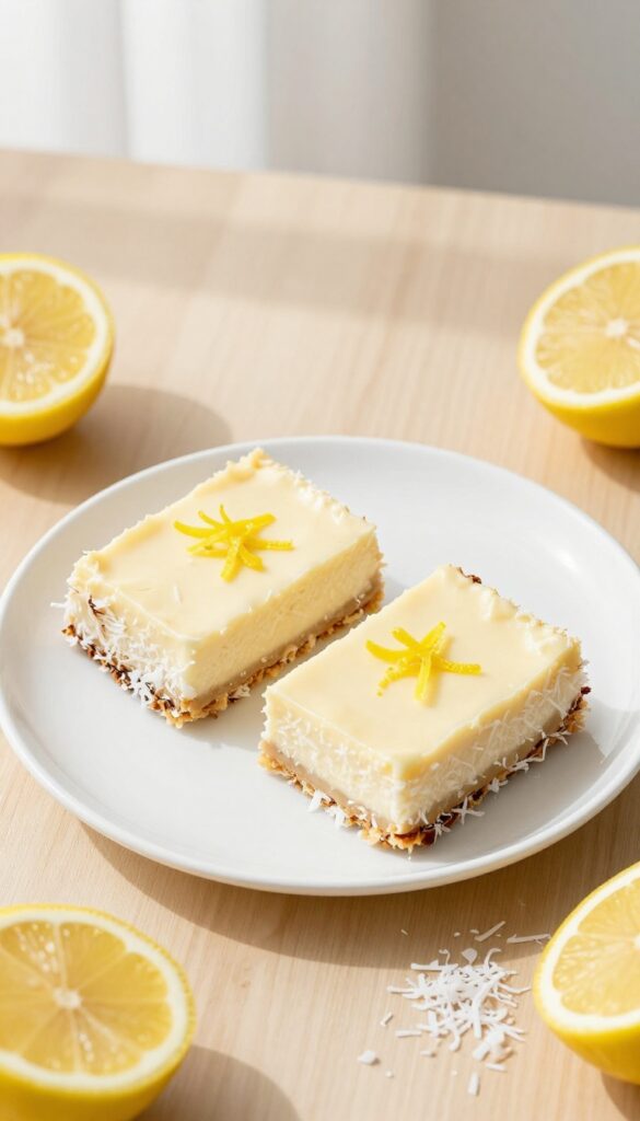 No-bake lemon cheesecake bars with coconut crust on a white plate, garnished with lemon slices and shredded coconut.