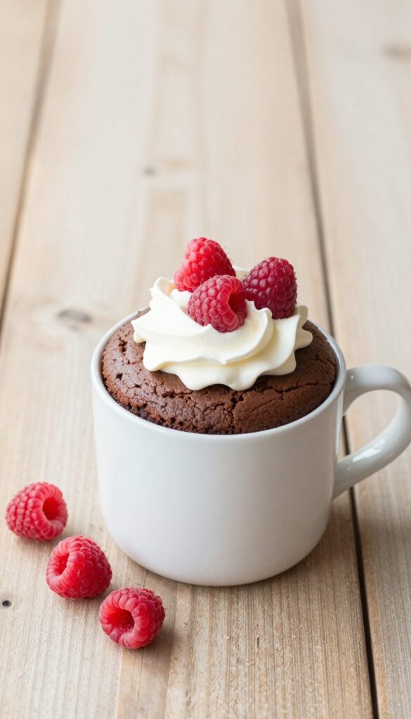 Cream cheese chocolate mug cake with whipped cream and raspberries in a white mug on a wooden table