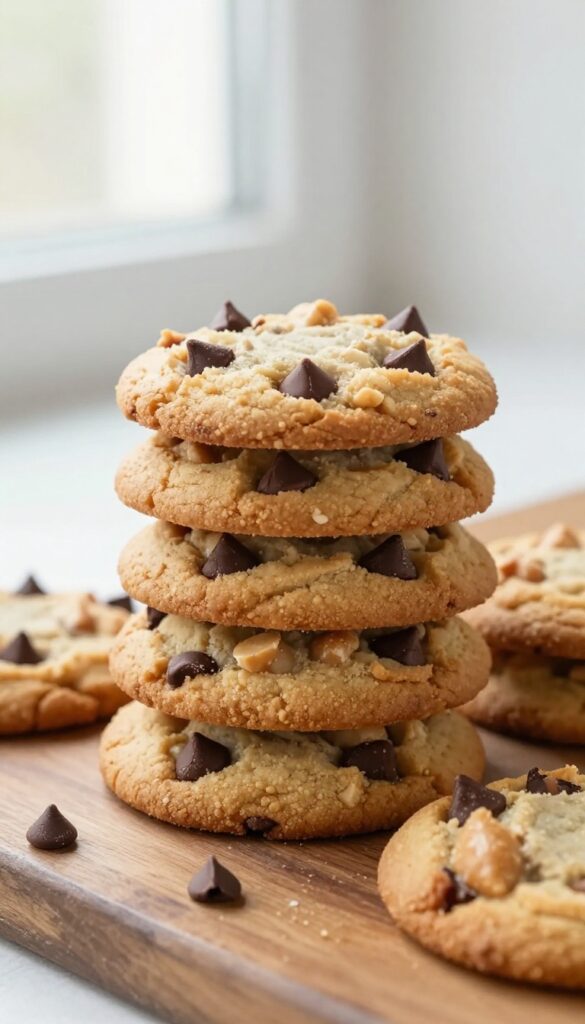 Stack of chewy peanut butter chocolate chip cookies on a wooden board