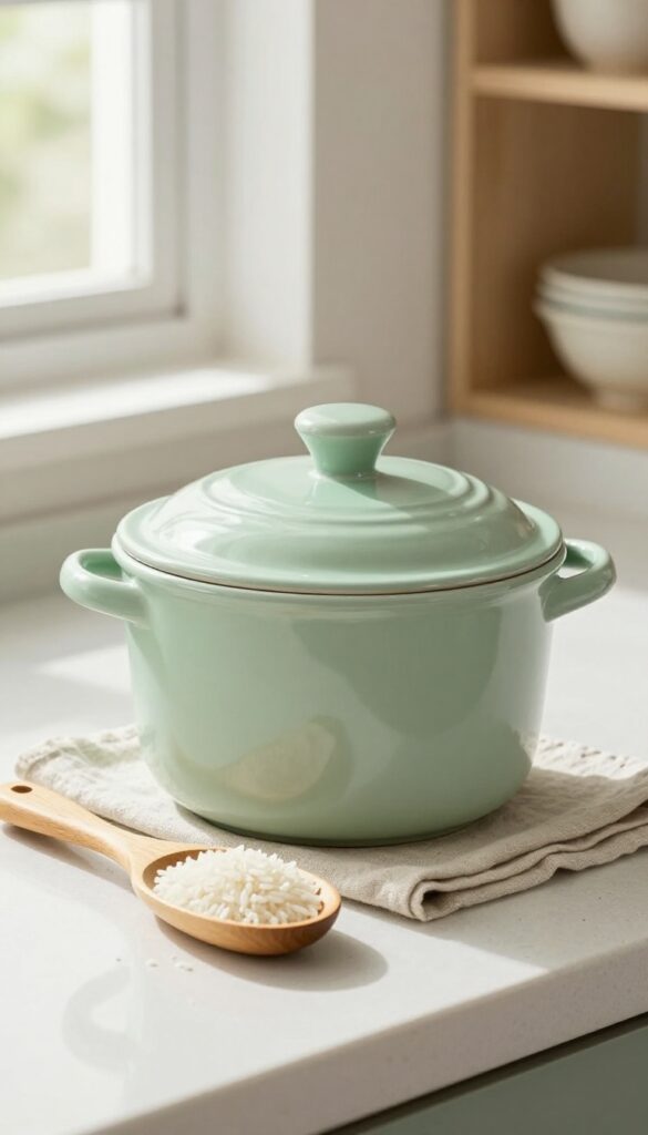 Ceramic crock with wooden scoop on kitchen counter
