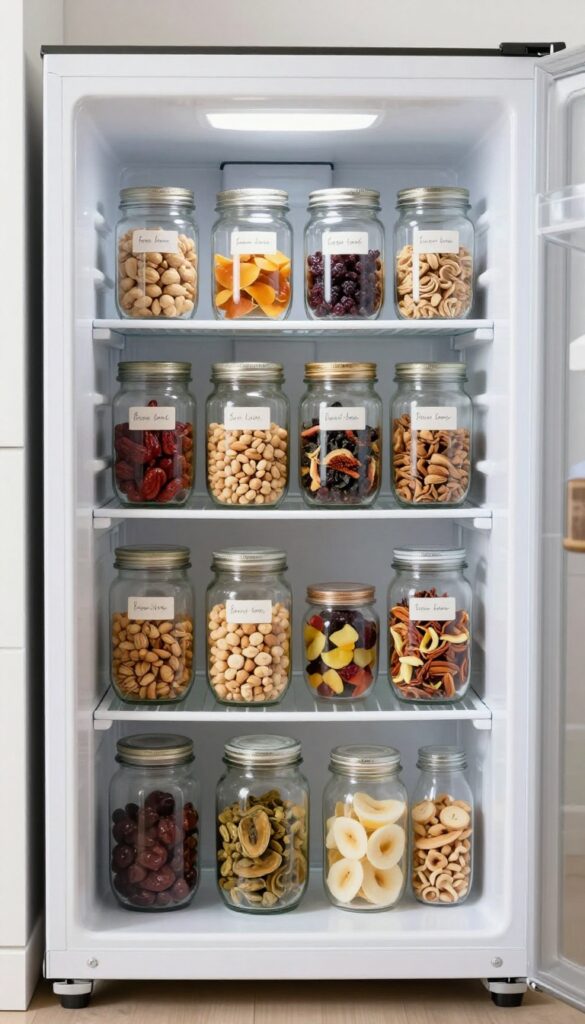 Mini fridge interior with labeled clear glass jars filled with dry goods, neatly stacked and organized.