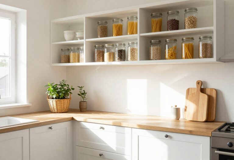 Bright kitchen with organized white cabinets, clear glass jars, and woven basket on counter