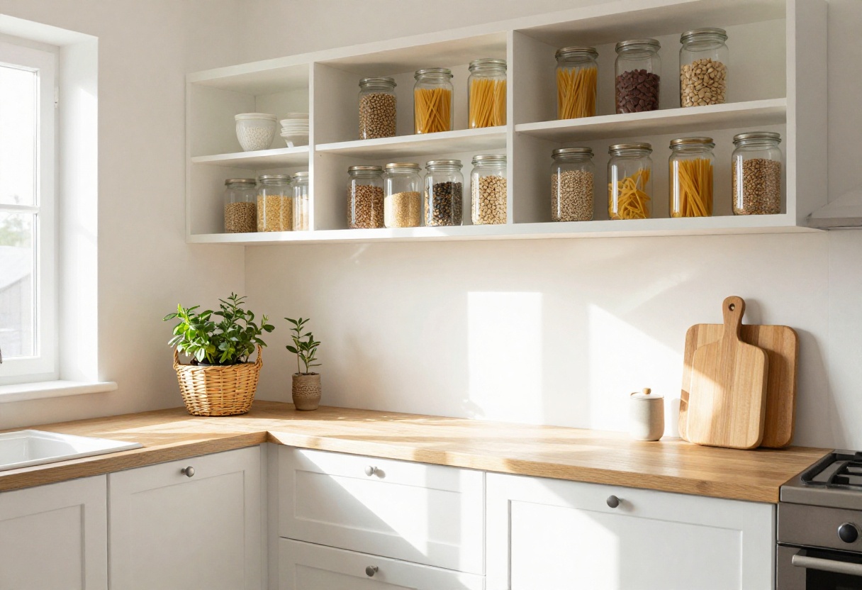 Bright kitchen with organized white cabinets, clear glass jars, and woven basket on counter