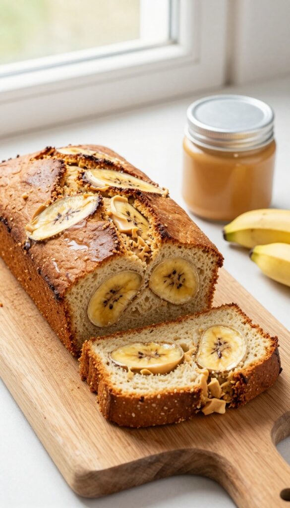 Gluten-free banana bread with peanut butter swirls on a wooden board with bananas and peanut butter jar