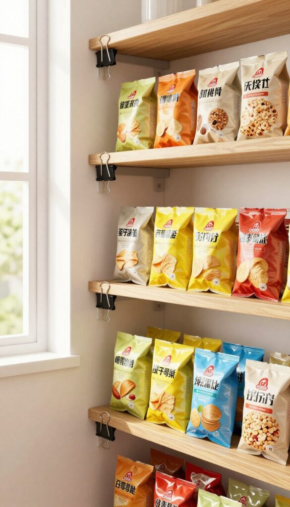 Pantry shelf with bags sealed by binder clips and a magnetic strip holding extra clips