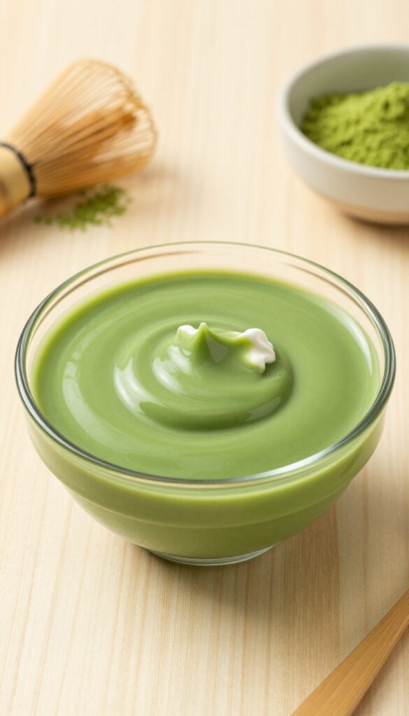 Matcha green tea pudding in a glass bowl with whipped cream, bamboo whisk and matcha powder on a wooden table.