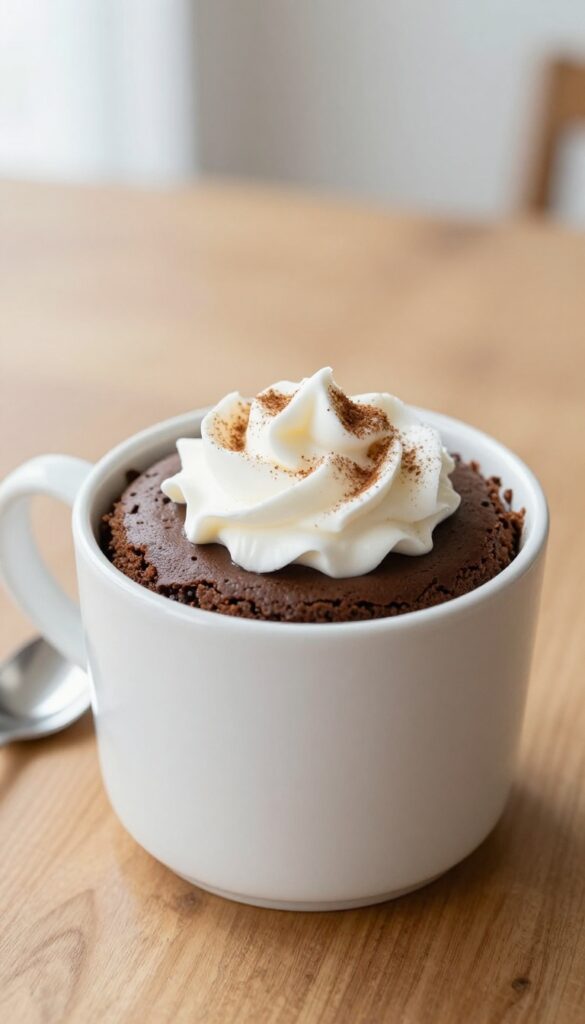 Vegan keto chocolate mug cake with coconut whipped cream and cinnamon in a white mug on a wooden table