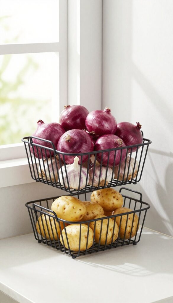 Stackable wire baskets filled with vegetables on a kitchen counter
