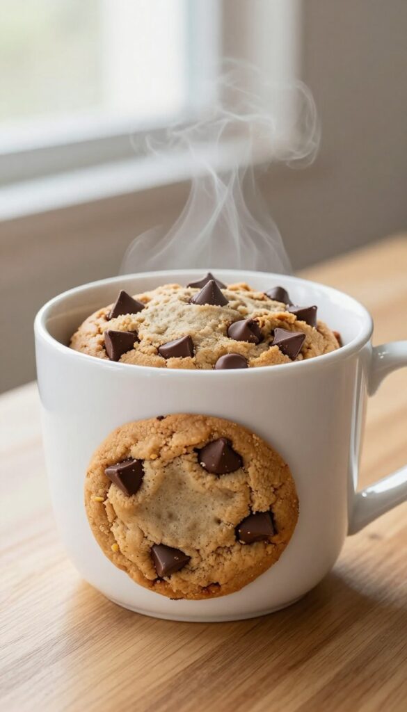Microwave chocolate chip cookie in a mug on a wooden table