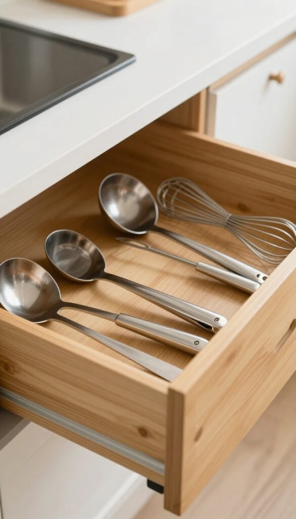 Open kitchen drawer with wooden dividers organizing utensils neatly