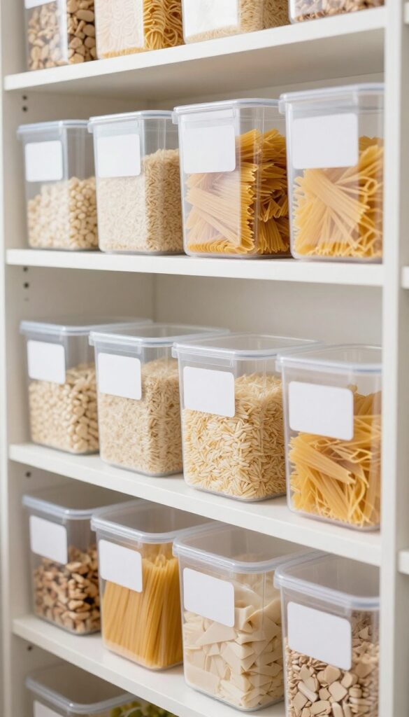 Clear bins with labels on pantry shelves for organized storage
