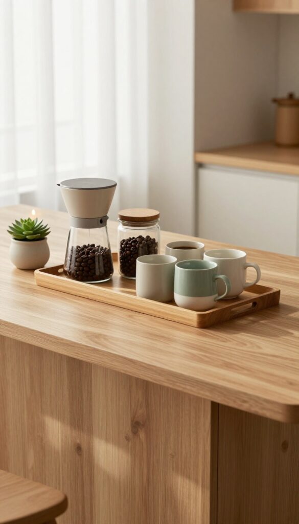Cozy kitchen island coffee station with tray, coffee maker, mugs, succulent, and candle in natural light.