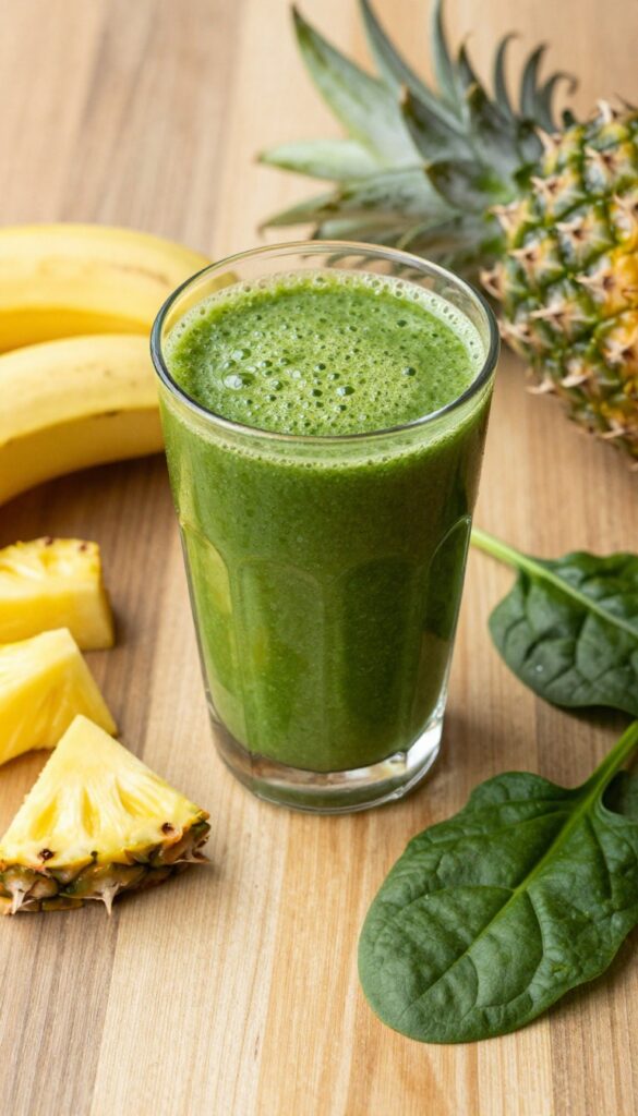Green pineapple spinach smoothie in a glass with fresh pineapple, banana, and spinach on a wooden table
