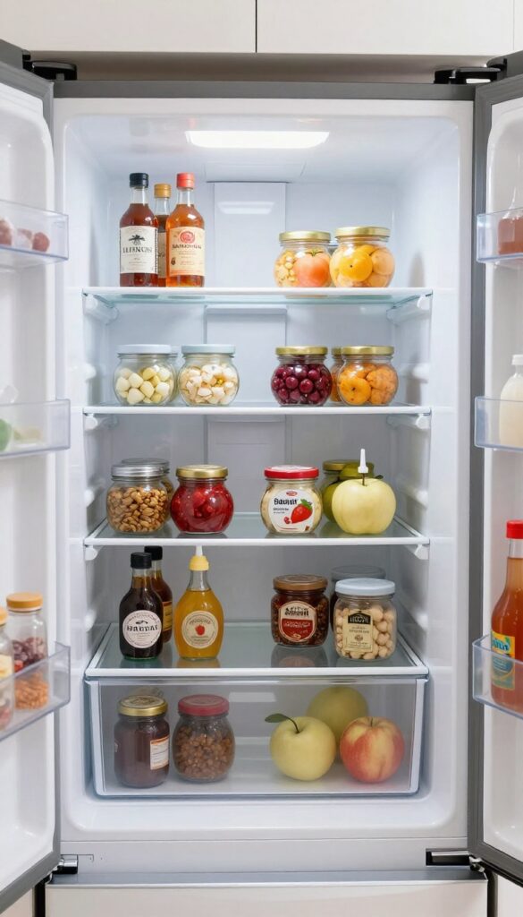 Open French door refrigerator with a clear lazy Susan organizing condiment bottles on the top shelf