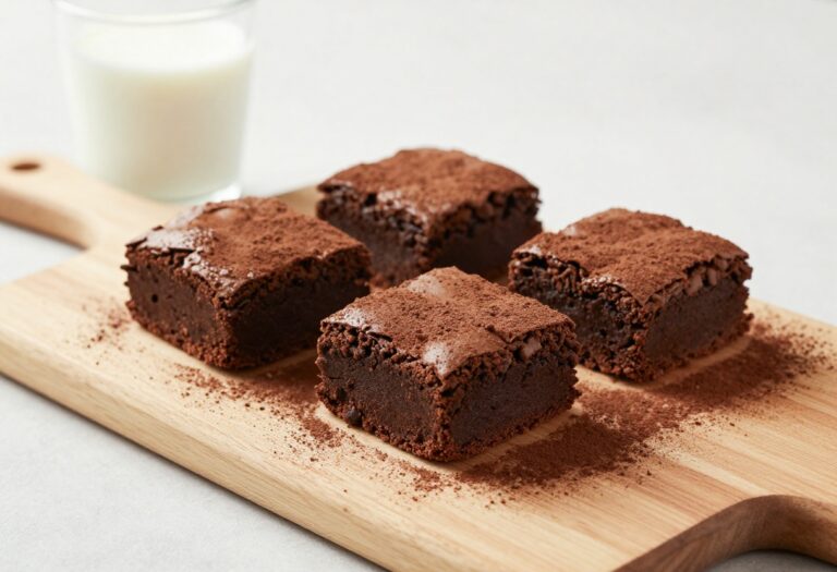 Keto brownies on a wooden board with cocoa powder and a glass of milk