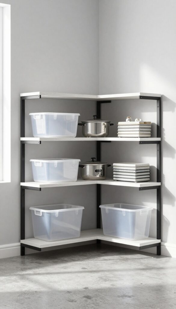 Corner shelving unit in a garage with clear bins and large kitchen appliances on display, natural lighting.