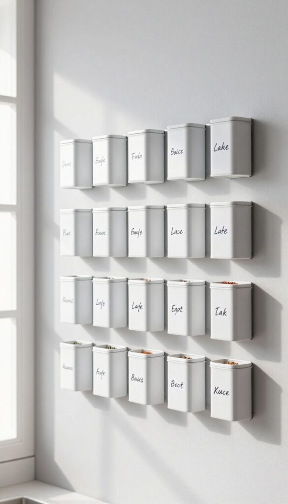 Magnetic spice tins on a wall in a bright kitchen