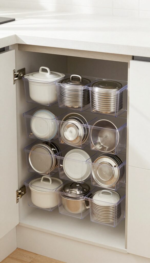 Clear over-the-door shoe organizer on a cabinet door, each pocket holding a pot lid, sorted by size, bright kitchen light.