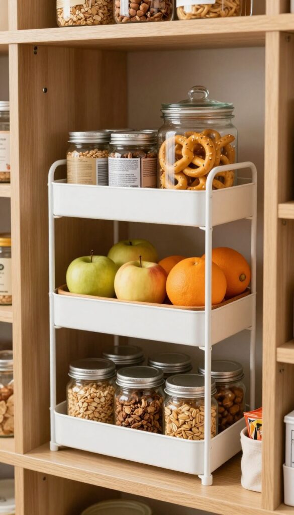 A tiered stand on a pantry shelf holding snacks in glass jars and a wooden bowl, with a cloth bin beside it.