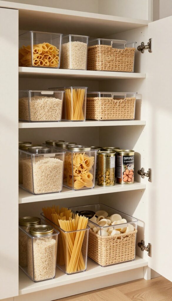 Pull-out drawers in a deep pantry shelf, organized with clear bins and woven baskets, natural light, neutral colors.