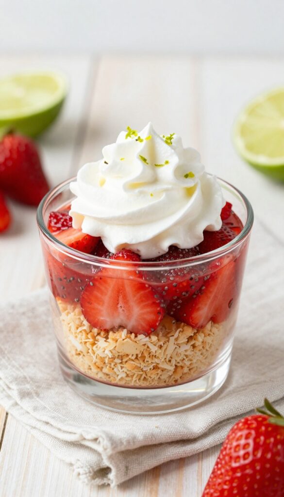 Keto coconut flour shortcake with lime zest and strawberry compote in a glass cup