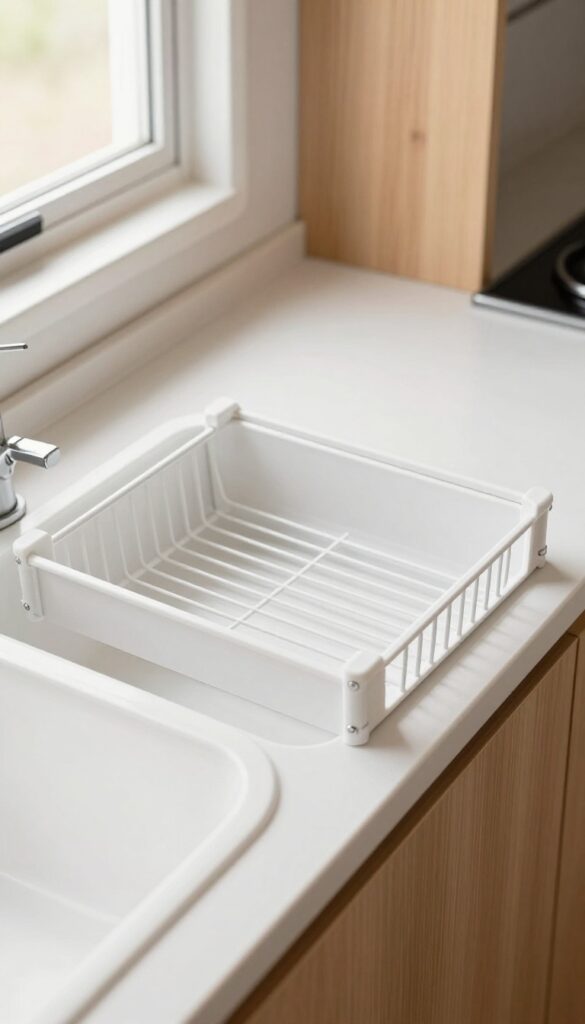 Collapsible dish rack folded flat on a camper kitchen countertop
