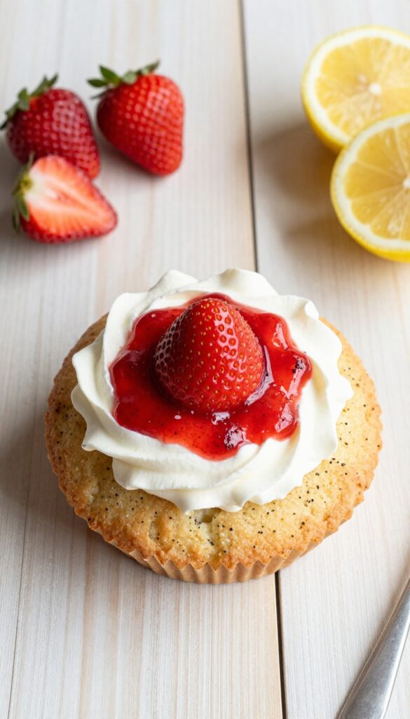 Lemon poppy seed shortcake cup with strawberry sauce and whipped cream