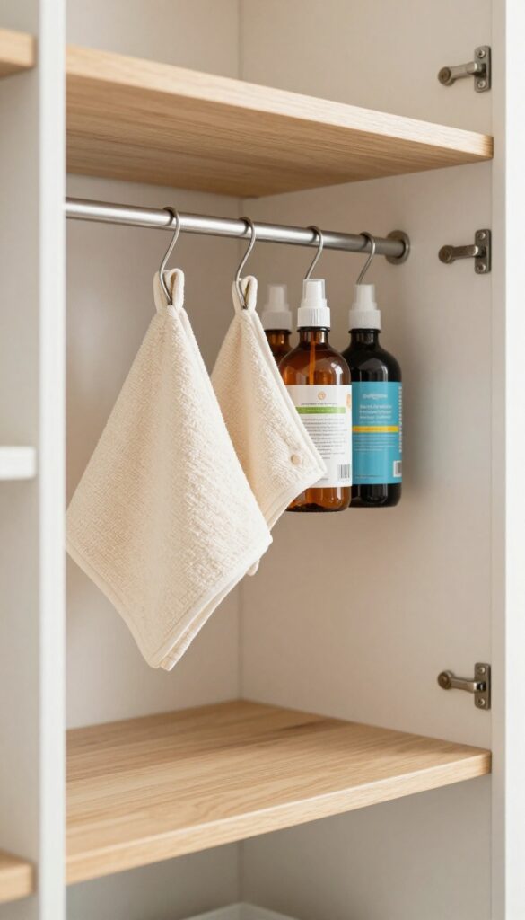 Tension rod under pantry shelf holding spray bottles and cloths