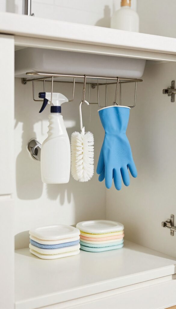 Under sink cabinet with over-the-door rack holding cleaning tools, bright natural light, photorealistic interior design photography.