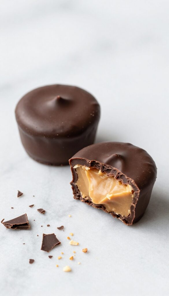 Dark chocolate-dipped peanut butter cups on marble, one broken open showing creamy center.