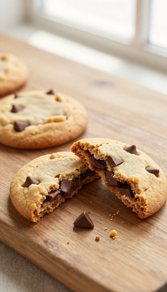 Two keto peanut butter chocolate chip cookies on a wooden table, one broken in half, with gooey chocolate chips and fork marks.